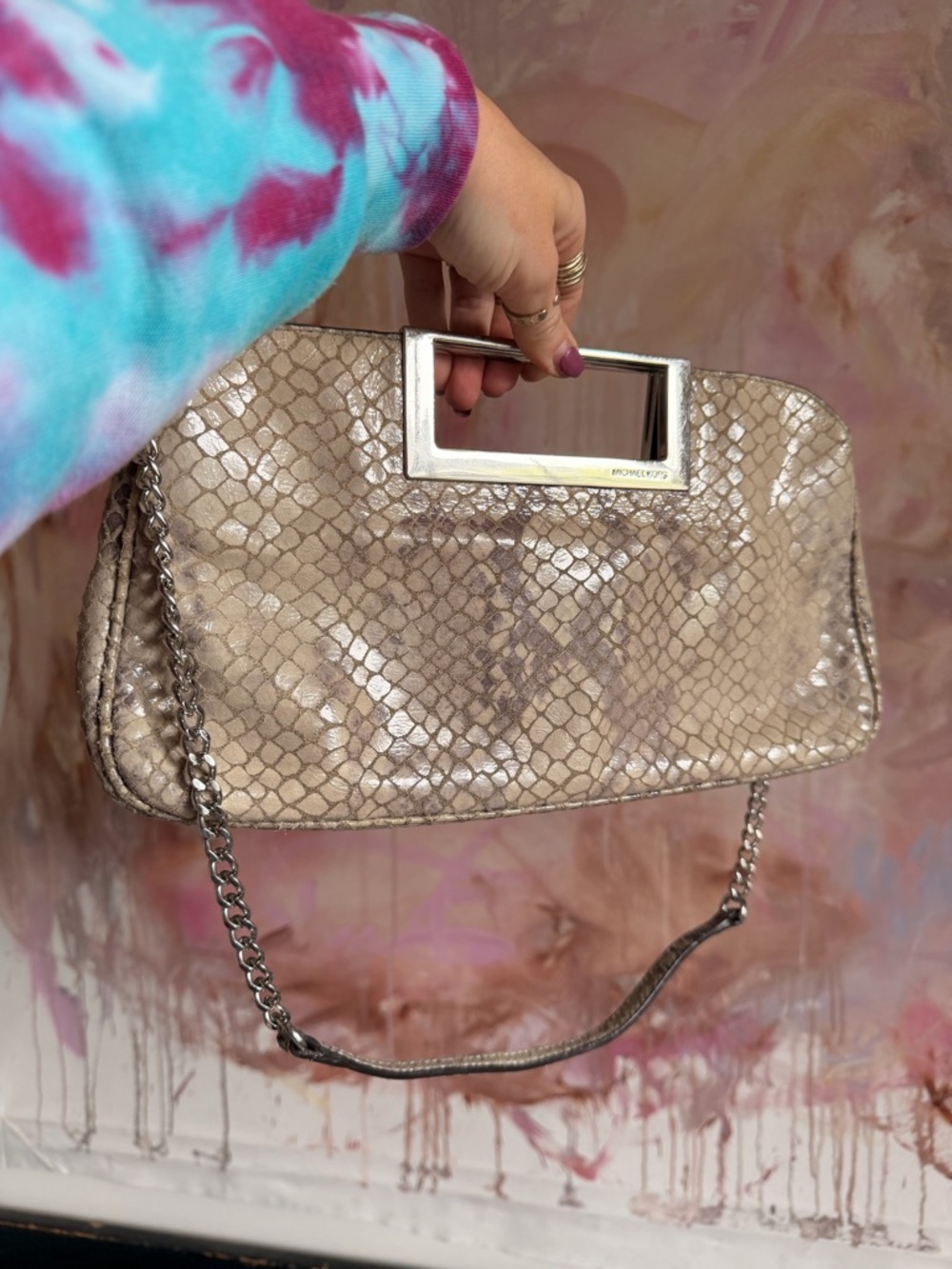 Michael Kors Snakeskin-Pattern Shoulder Bag with Silver Chain Handle